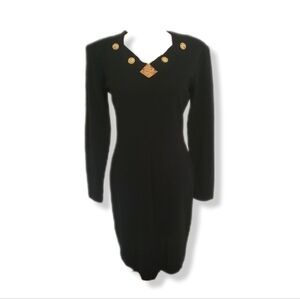 Vintage 80s Gold Lion Head Broach Long Sleeve V Neck Cocktail Dress Size Small